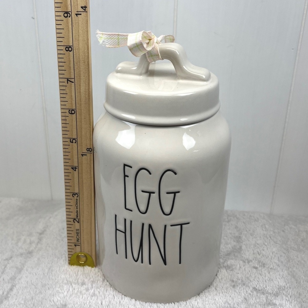 Rae Dunn Egg Hunt Ceramic Canister with Lid and Ribbon White Easter 8 X 4 inches - Picture 3 of 7
